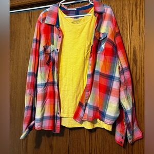 Women’s Maurices brand multi-color snap faux western looking shirt with tee.